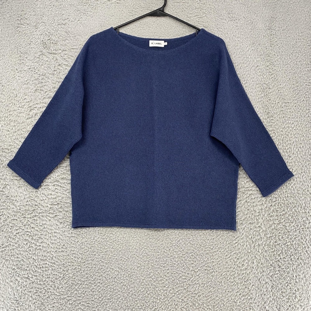 R LABEL Sweater Womens S/M Blue Cotton Linen Boat Neck 3/4 Dolman Sleeve Knit
